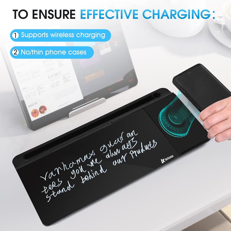 Varhomax Glass Desk Whiteboard Black with Wireless Charger, Desktop Dry Erase White Board with Storage,to Do List Memo Notepad for Home and Office - Image 3
